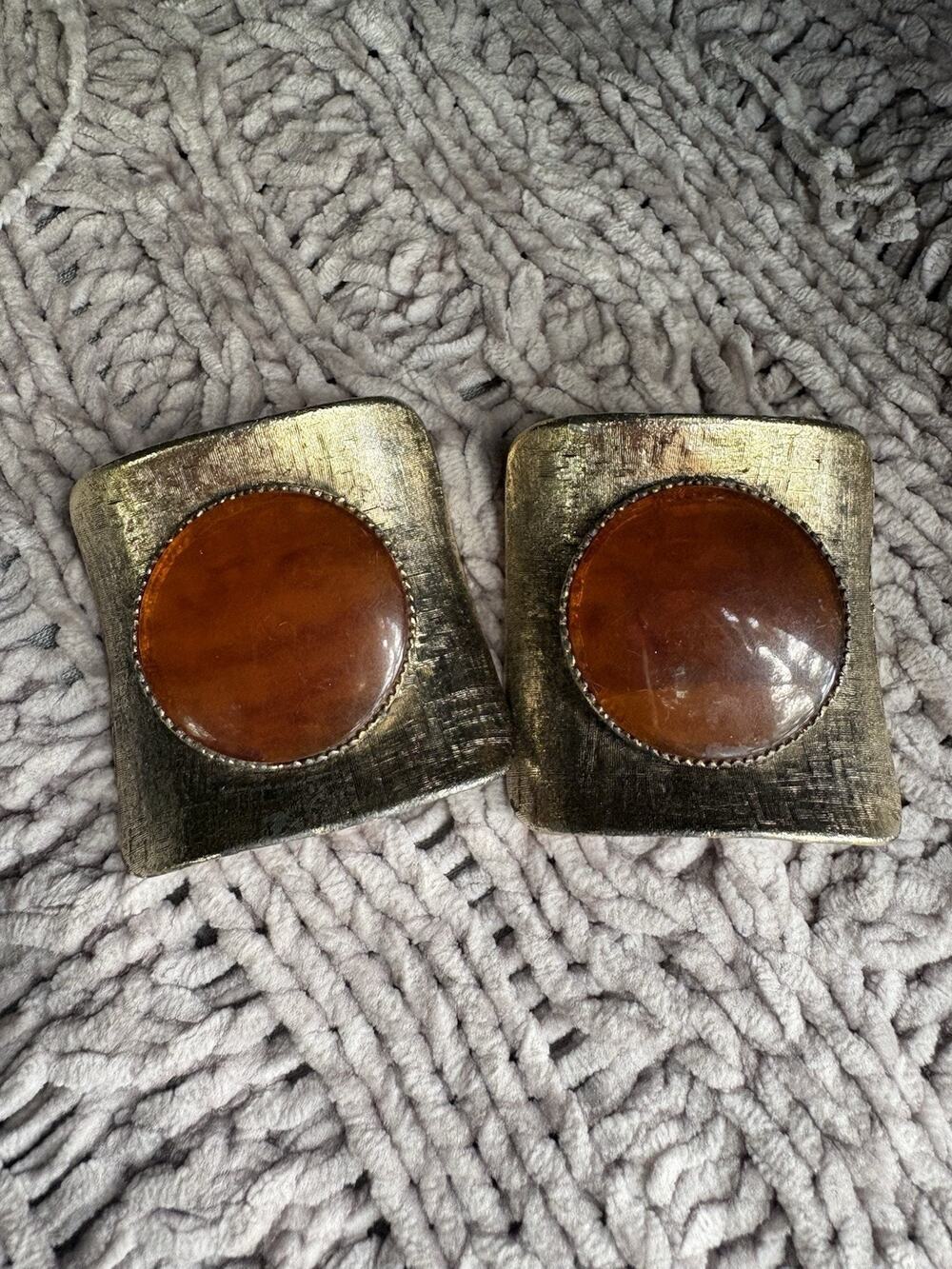 Vintage MUSI Shoe Clips Golden Textured Wide Cuff Amber Carnelian Glass Cabochon